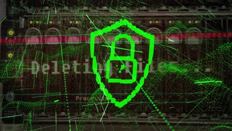 Animation-of-security-padlock-icon-and-green-digital-waves-against-close-up-of-a-computer-server