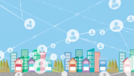 animation of network of digital icons over cityscape against blue background