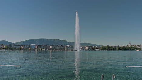 peaceful morning in geneva with the iconic jet d’eau rising from the lake, calm waters reflecting the clear sky, and the city slowly coming to life in the morning light.