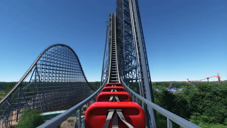 first-person view of a rollercoaster climbing a steep lift hill