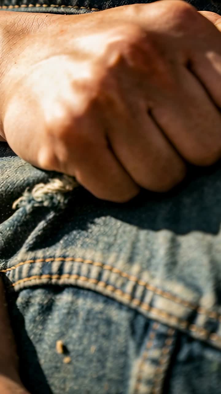 Vertical video: Settling right hand resting on worn denim lap after work, showing frayed seam