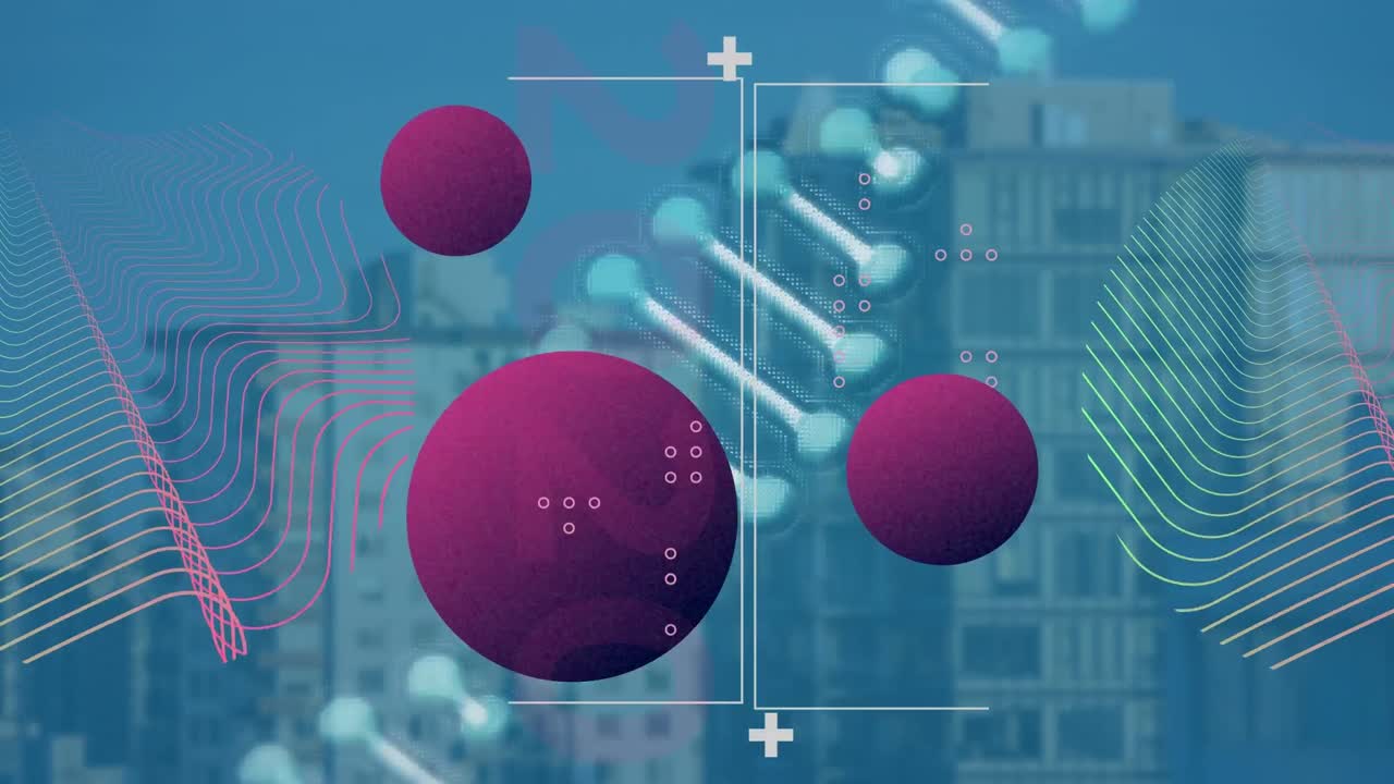 도시 풍경 위의 모양과 dna  ⁇ 의 애니메이션