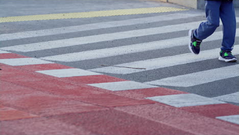 closeup legs crossing zebra in town daylight. separate red cycle path on road