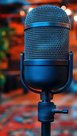 mic in a cozy studio. a vintage microphone stands prominently in a warm, inviting studio filled with soft lighting and decor.