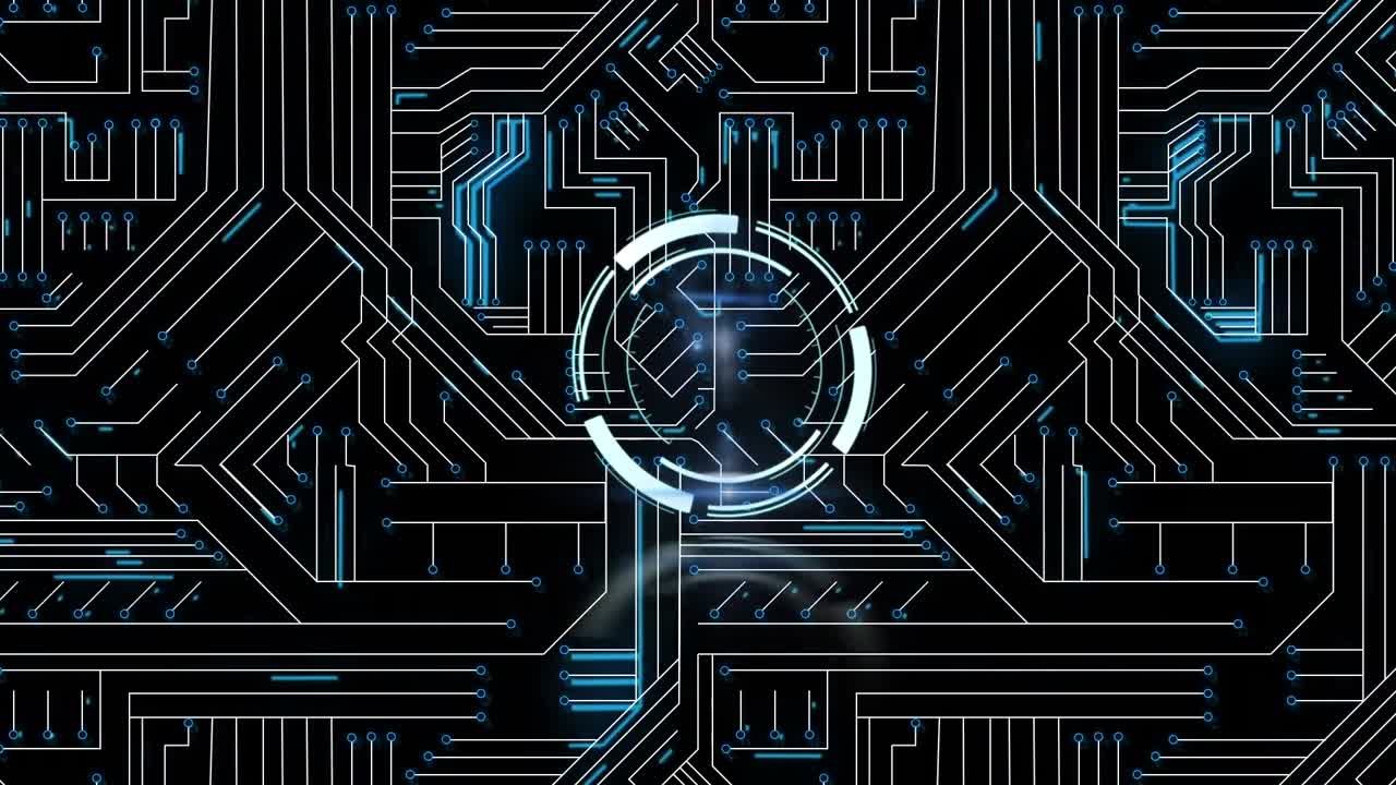 Animation of scope scanning and network of connections on black background