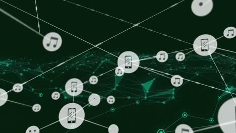 Animation-of-network-of-connections-with-digital-icons-over-green-triangles