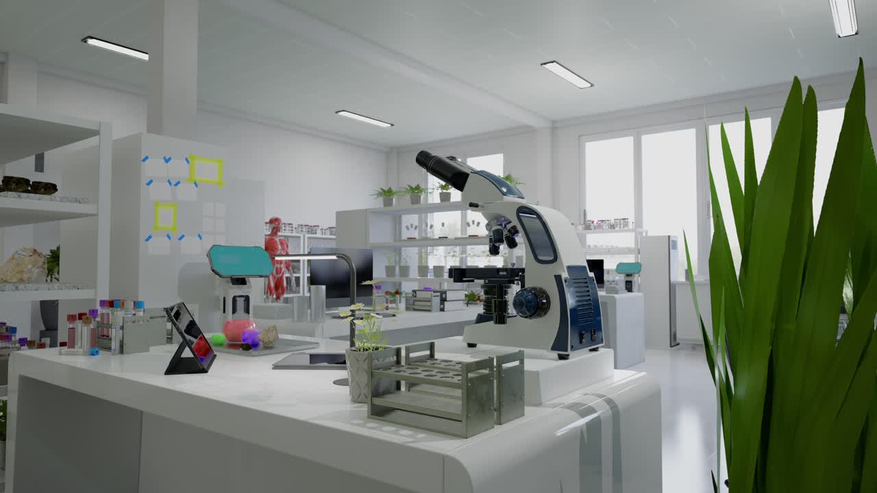 Modern Empty Biological Applied Science Laboratory With Technological Microscopes, Glass Test Tubes, Micropipettes