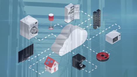 animation of cloud icon and network of connections with icons over computer servers