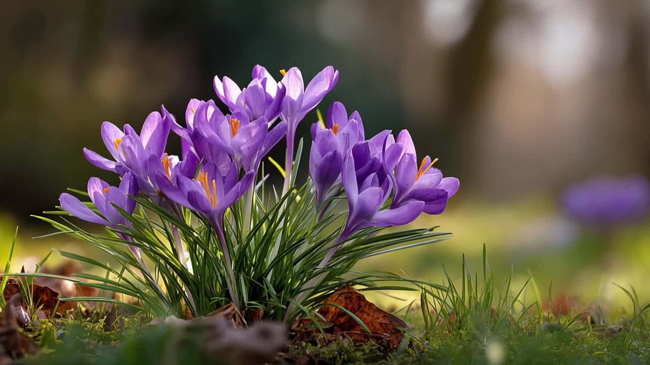 Crochi viola fioriscono nella tenue luce del mattino. Erba brinata e foglie cadute li circondano. I raggi del sole filtrano delicatamente tra gli alberi. Freschezza e resilienza riempiono la scena.