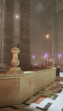 a dimly lit, grand church interior with stone pillars and candles.