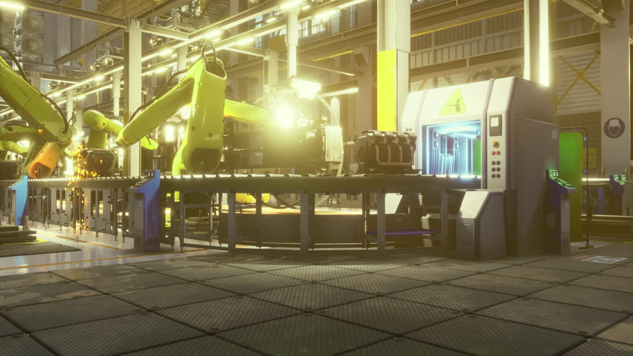 High tech robotic assembly line operating in a modern industrial facility