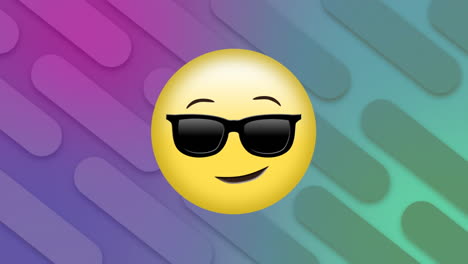animación de rostro sonriente con emoji de gafas de sol y forma geométrica colorida en un fondo abstracto