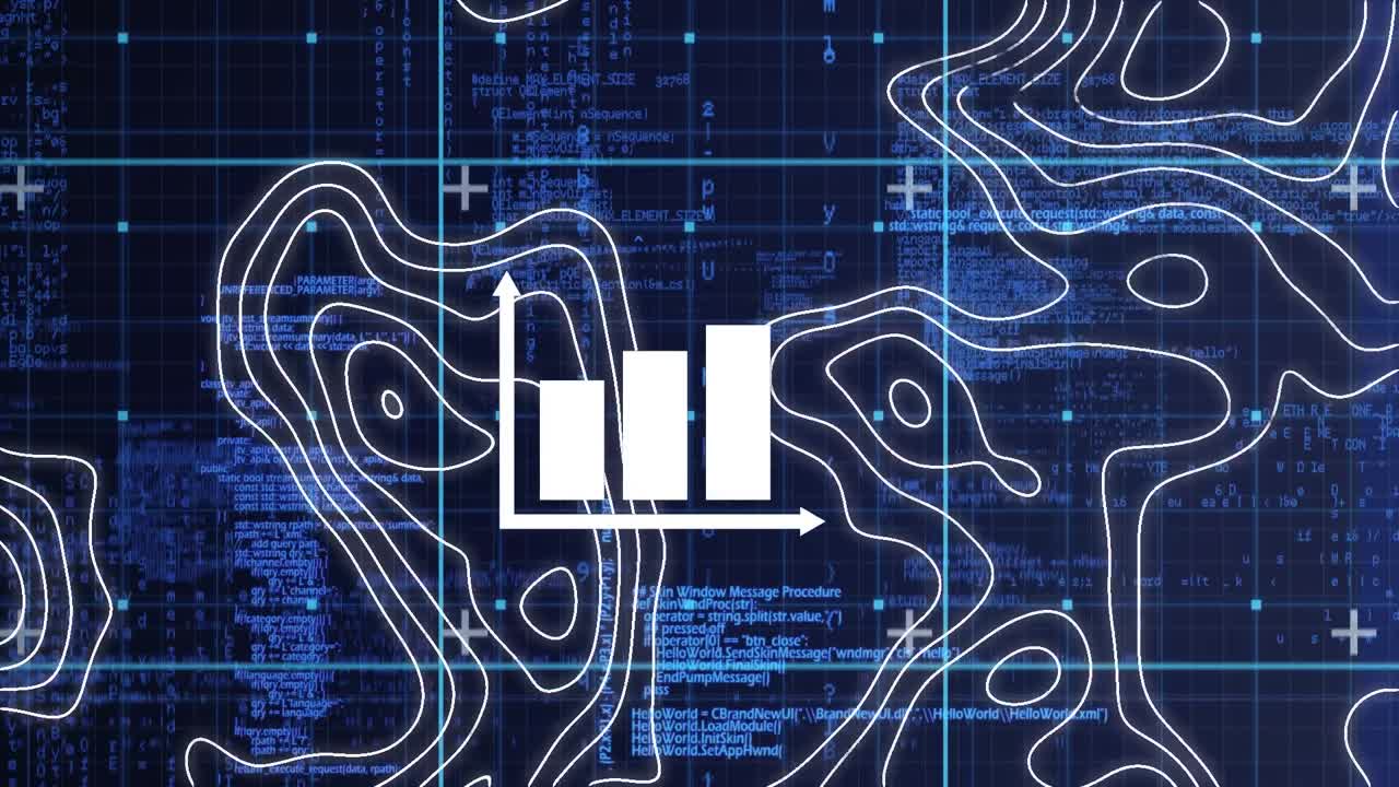 Animation of graph over white lines and data processing on blue background