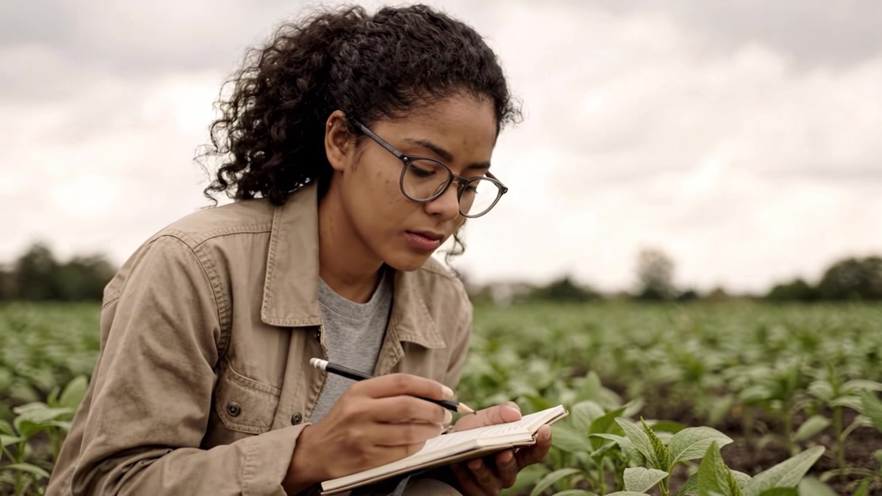 Focalizzata sull'agricoltura: una giovane donna registra osservazioni mentre studia le piante in un campo lussureggiante, dimostrando passione per le pratiche agricole sostenibili