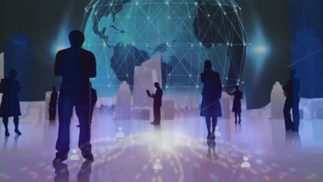 animation of icons over globe with digital city and business people silhouettes