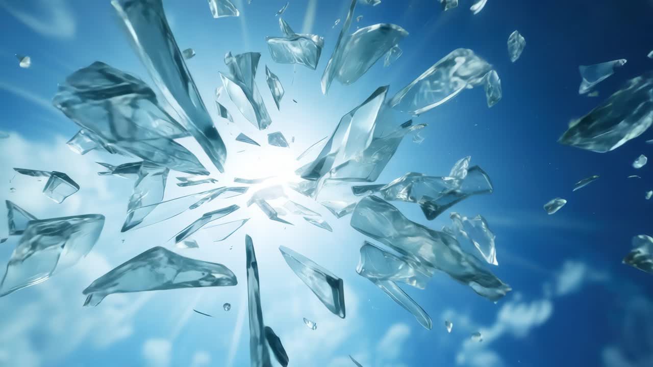 Dynamic video concept of shattered glass in mid-air, captured from a low-angle perspective