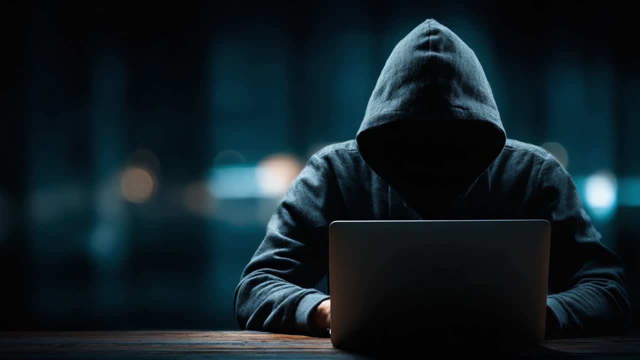 Una figura misteriosa dietro il laptop: La presenza enigmatica di un individuo incappucciato impegnato in un'impresa digitale segreta nell'ombra.