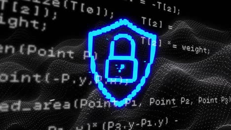 Security padlock icon and data processing against black background