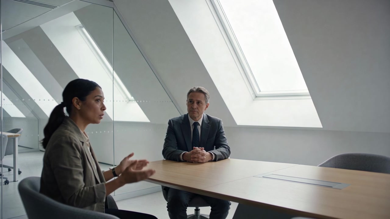 Starting woman left in blazer leaning and gesturing outlining plan at meeting table man listening
