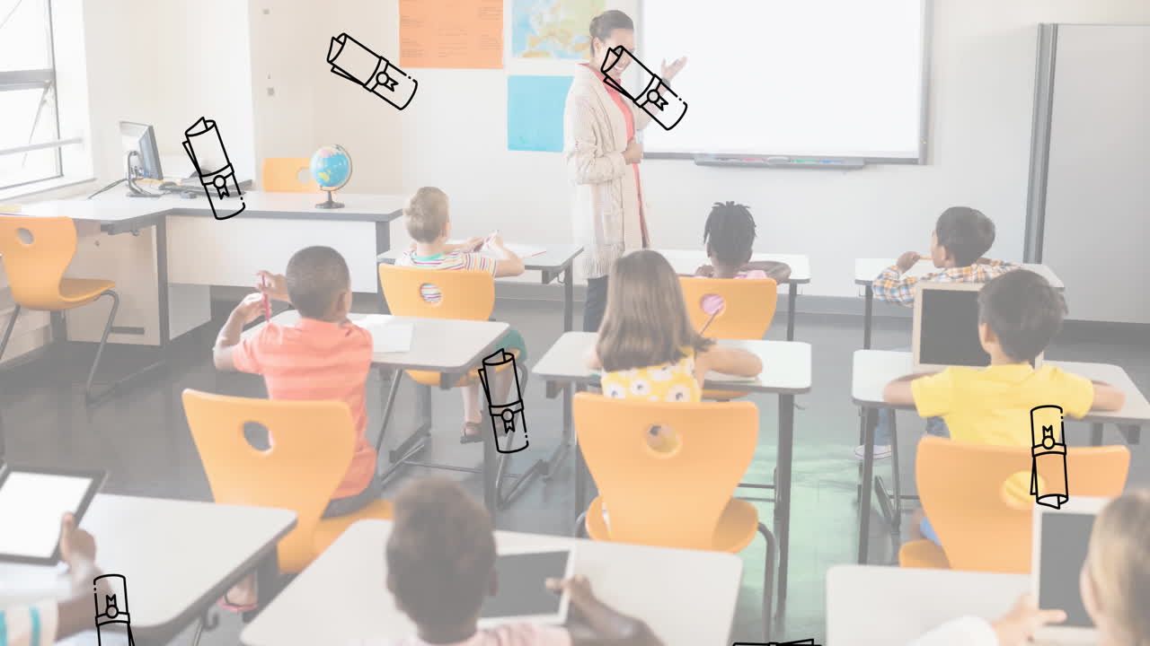 여러 학위 아이콘이 학교에서 학생들의 여성 교사 가르치는 그룹에 떨어집니다.