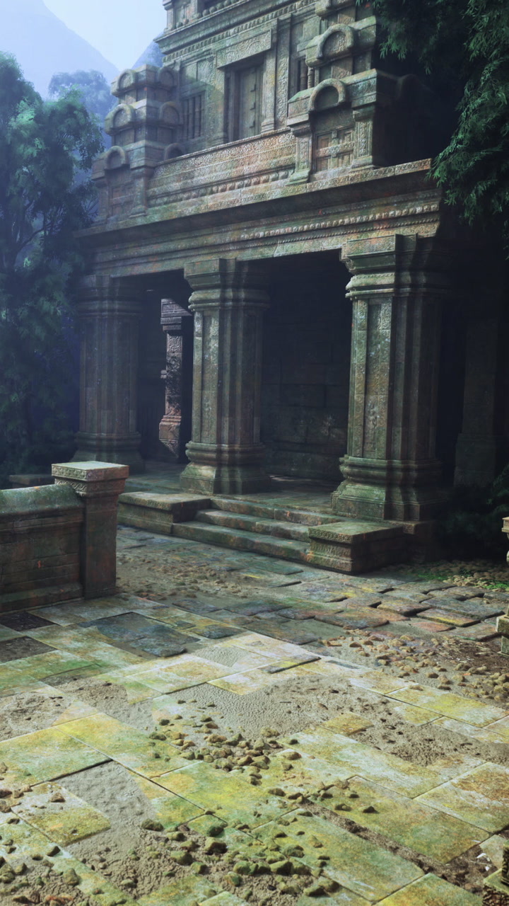 Ancient temple ruins surrounded by lush greenery under soft morning light