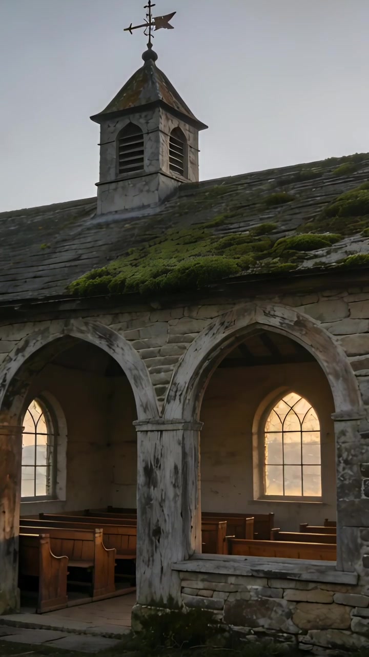 Video verticale: La telecamera si inclina verso il tramonto, rivelando un portico di cappella in pietra e la banderuola del campanile.