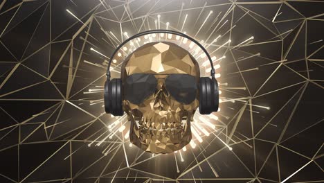 the golden low poly skull of the dj on the background of the equalizer