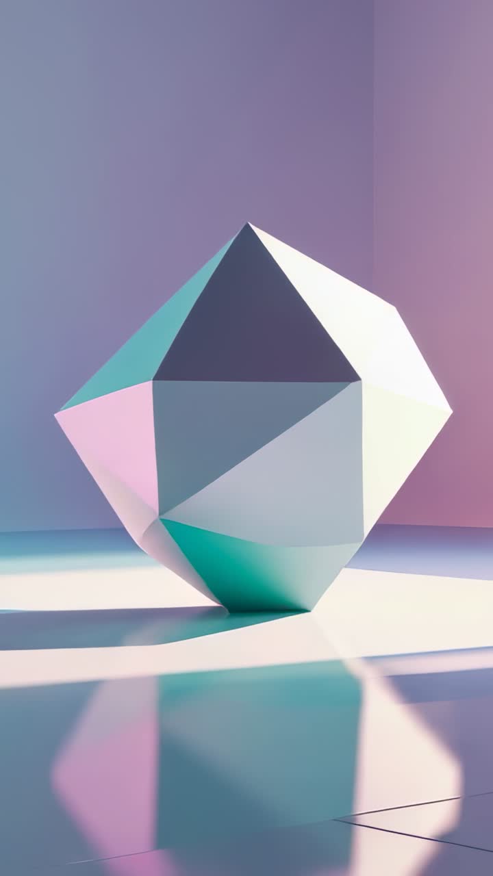 Vertical video: Starting spin, polyhedron rotating in pastel studio on floor mirroring facets
