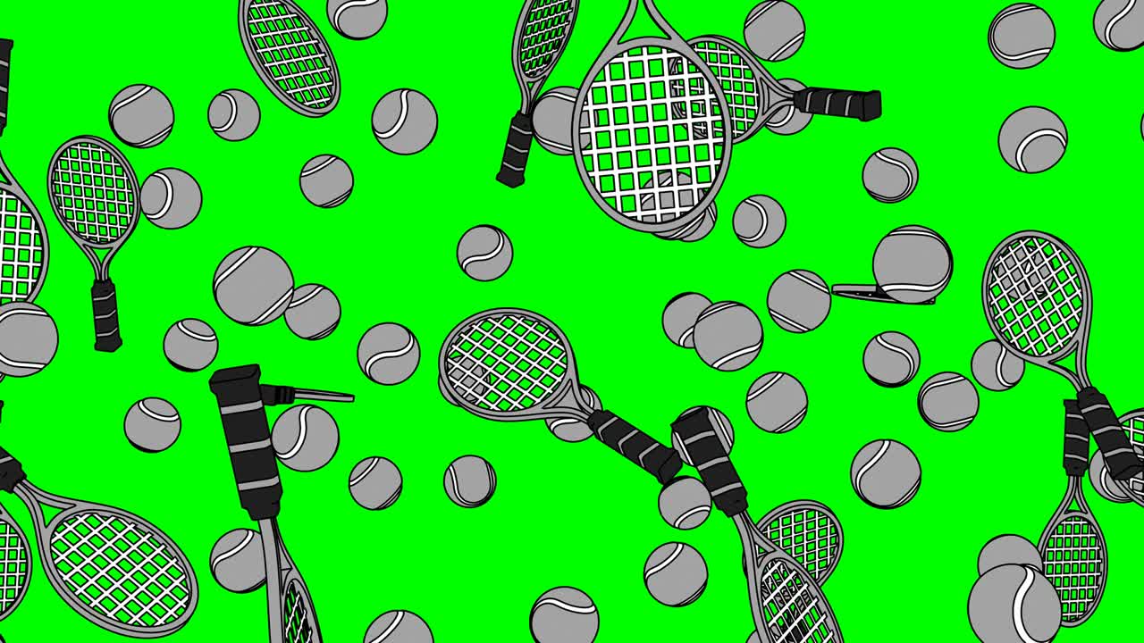 초록색 크로마 키 배경에 회색 테니스 공과 테니스 라켓.