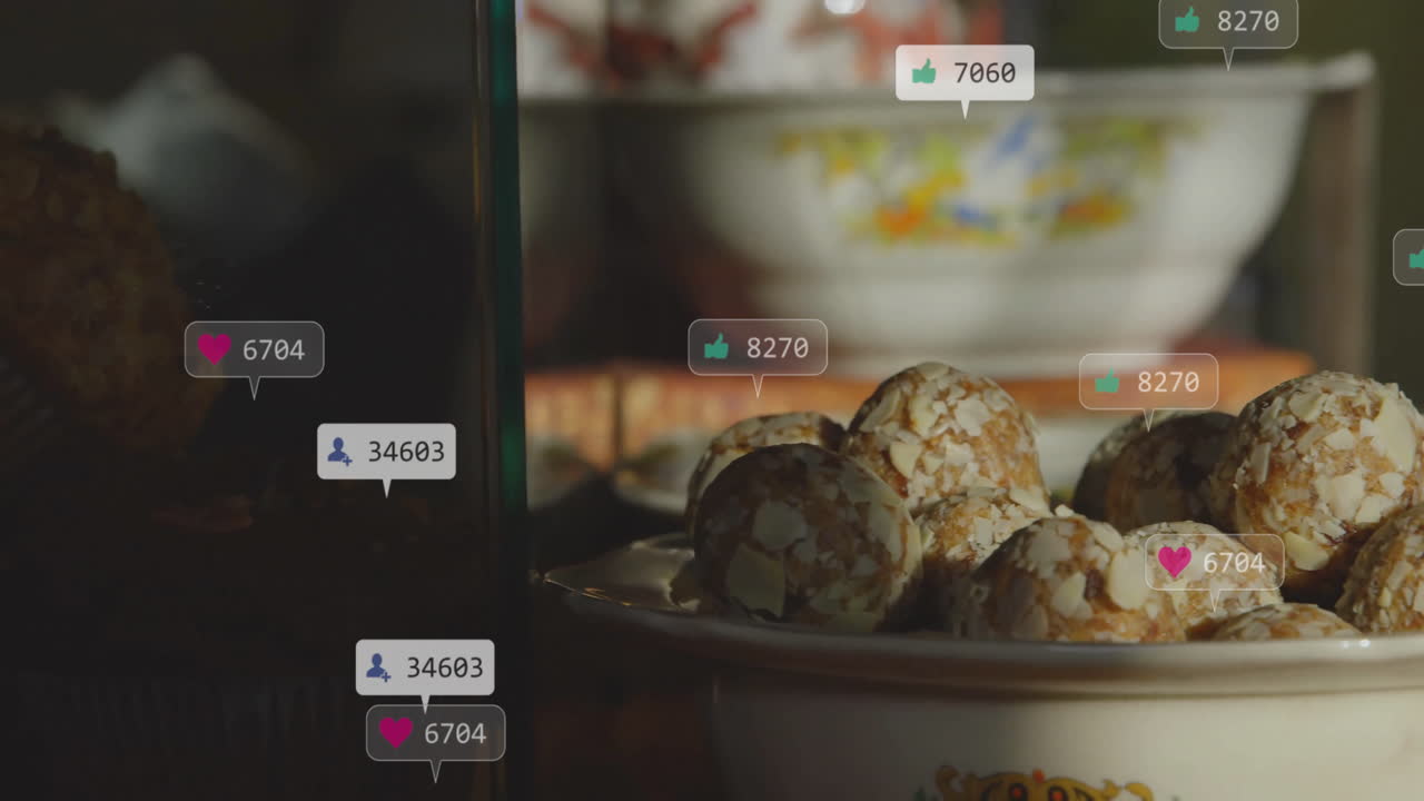 notificaciones de las redes sociales animación sobre un cuenco de bocadillos cubiertos de almendras