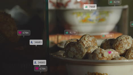 notificaciones de las redes sociales animación sobre un cuenco de bocadillos cubiertos de almendras