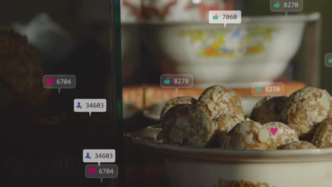 social media notifications animation over bowl of almond-covered snacks