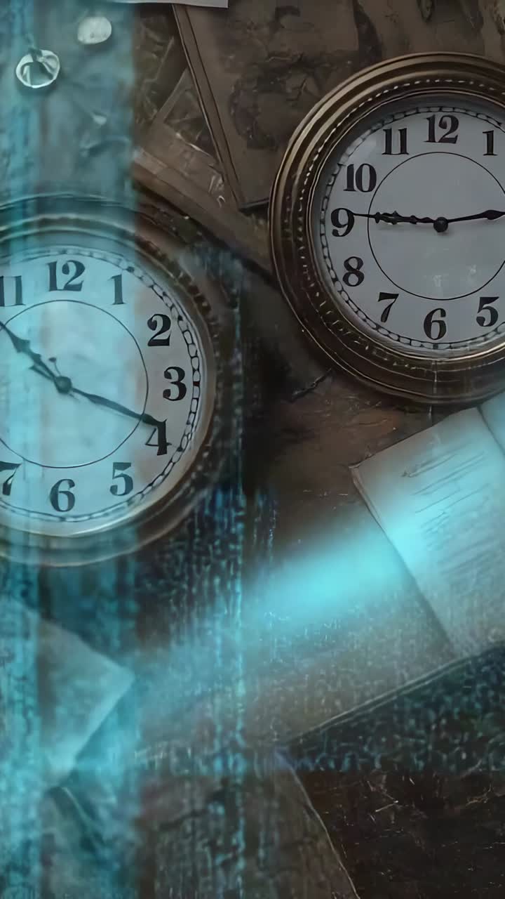 Vídeo vertical: código en streaming sobre relojes antiguos en un escritorio con un haz azul que muestra el paso del tiempo
