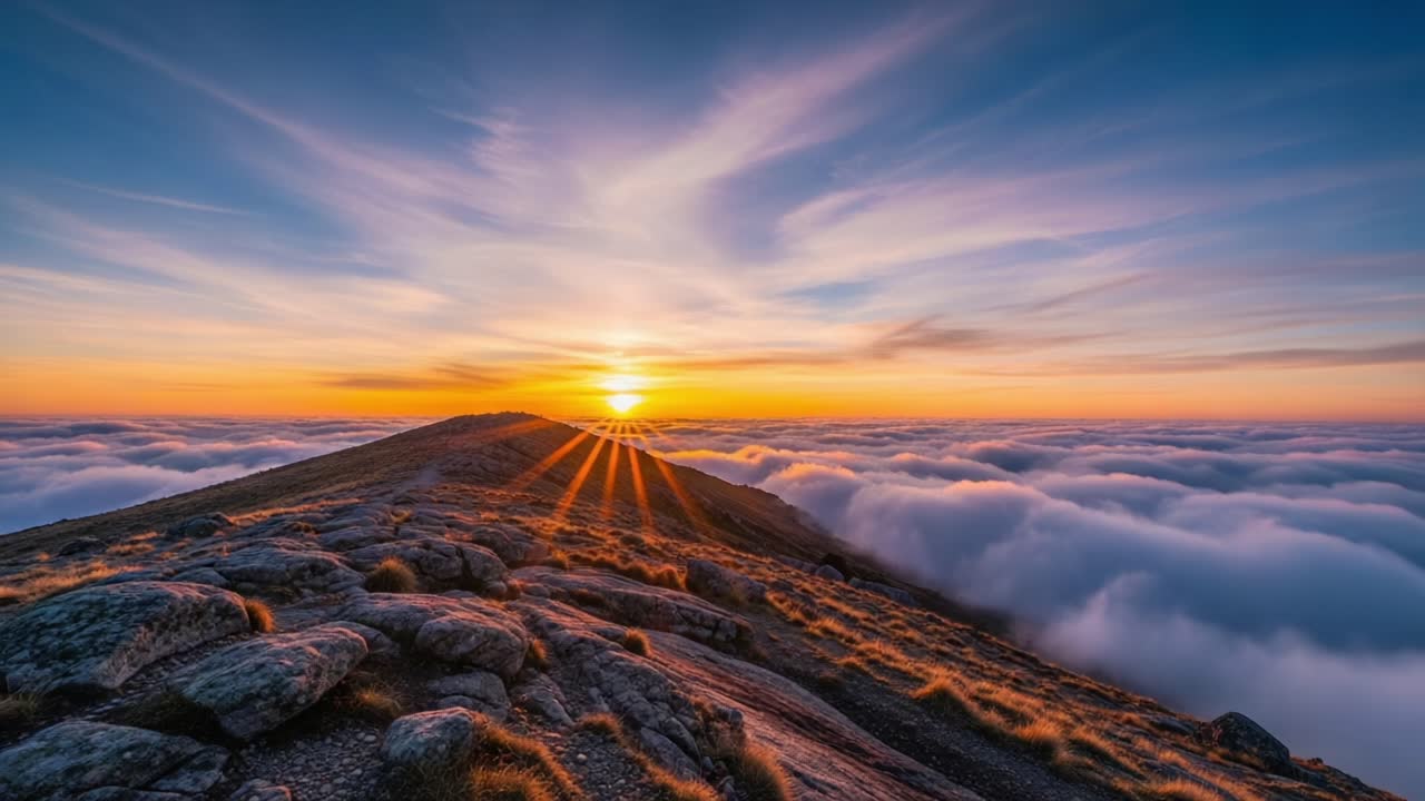 Breathtaking Sunrise Over a Mountain Peak, Illuminating the Cloud-Covered Valley Below with Warm Hues and Striking Natural Beauty in a Majestic Landscape