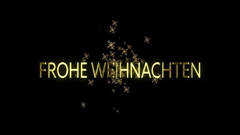 animation of frohe weihnachten text over snowflakes on black background at christmas