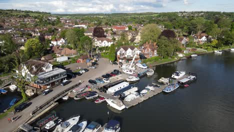 river thames at bourne end boats moored on waterfront , uk buckinghamshire aerial footage