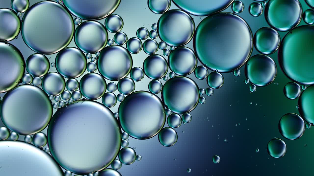 추상적인 다채로운 음식 기름 방울 거품과 구가 흐르고