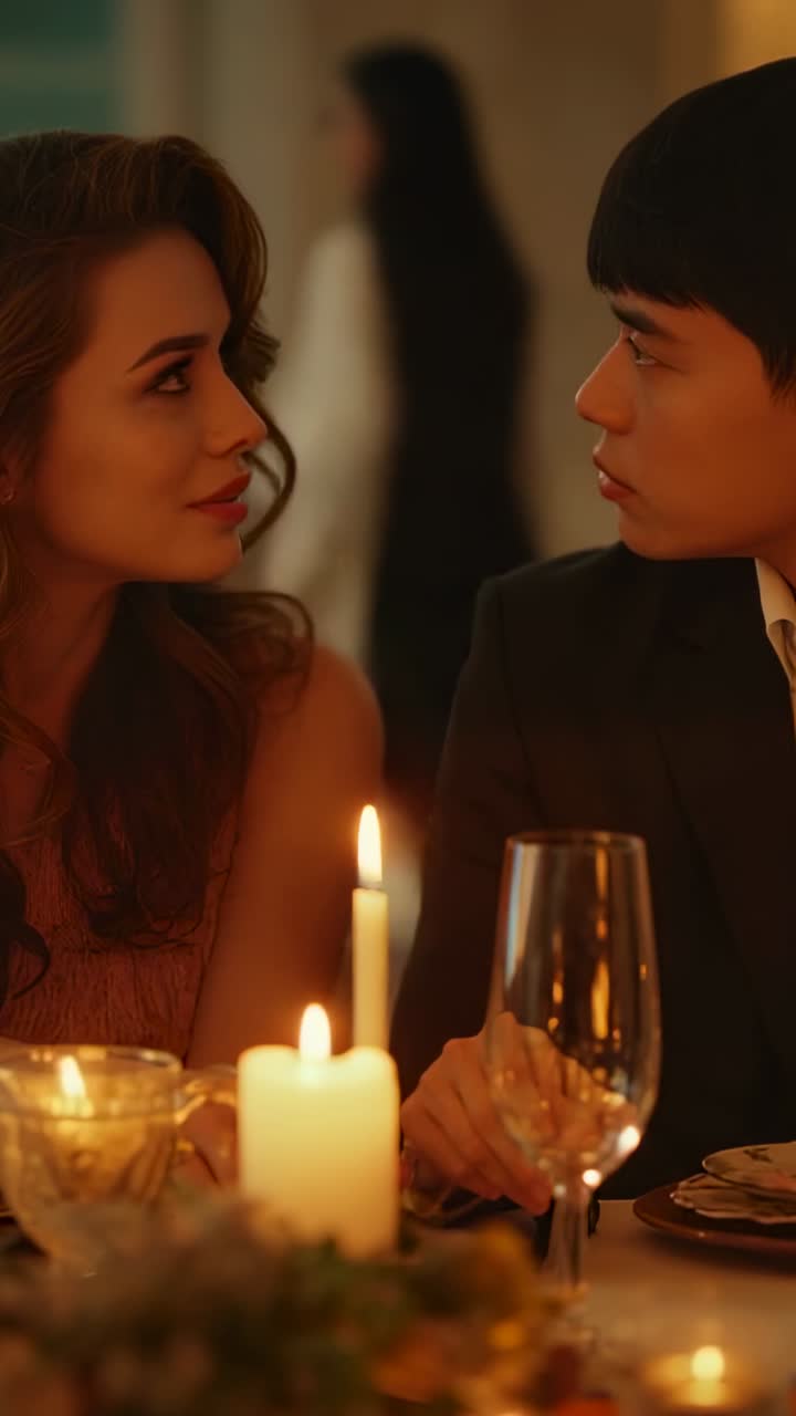 Vertical video: Reacting to candle flicker, well-dressed couple sharing warm gaze at elegant bistro