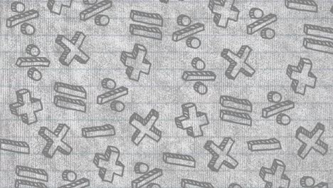Animation-of-division-and-multiplication-symbols-against-textured-white-lined-paper-background