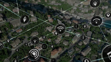 animación de conectividad de red y transmisión de datos a través de una vista aérea de la zona urbana