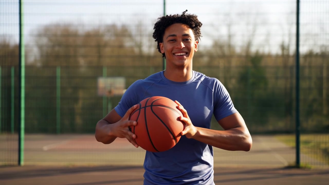 Jovem Negro Segurando Bola de Basquete ao Ar Livre, Sorrindo com Postura Relaxada, Treino Casual em Quadra Cercada