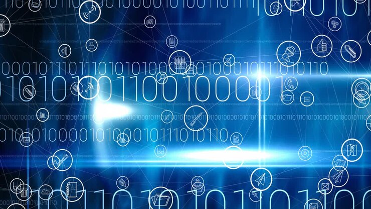 Animation of network of connections with digital icons over binary coding in background