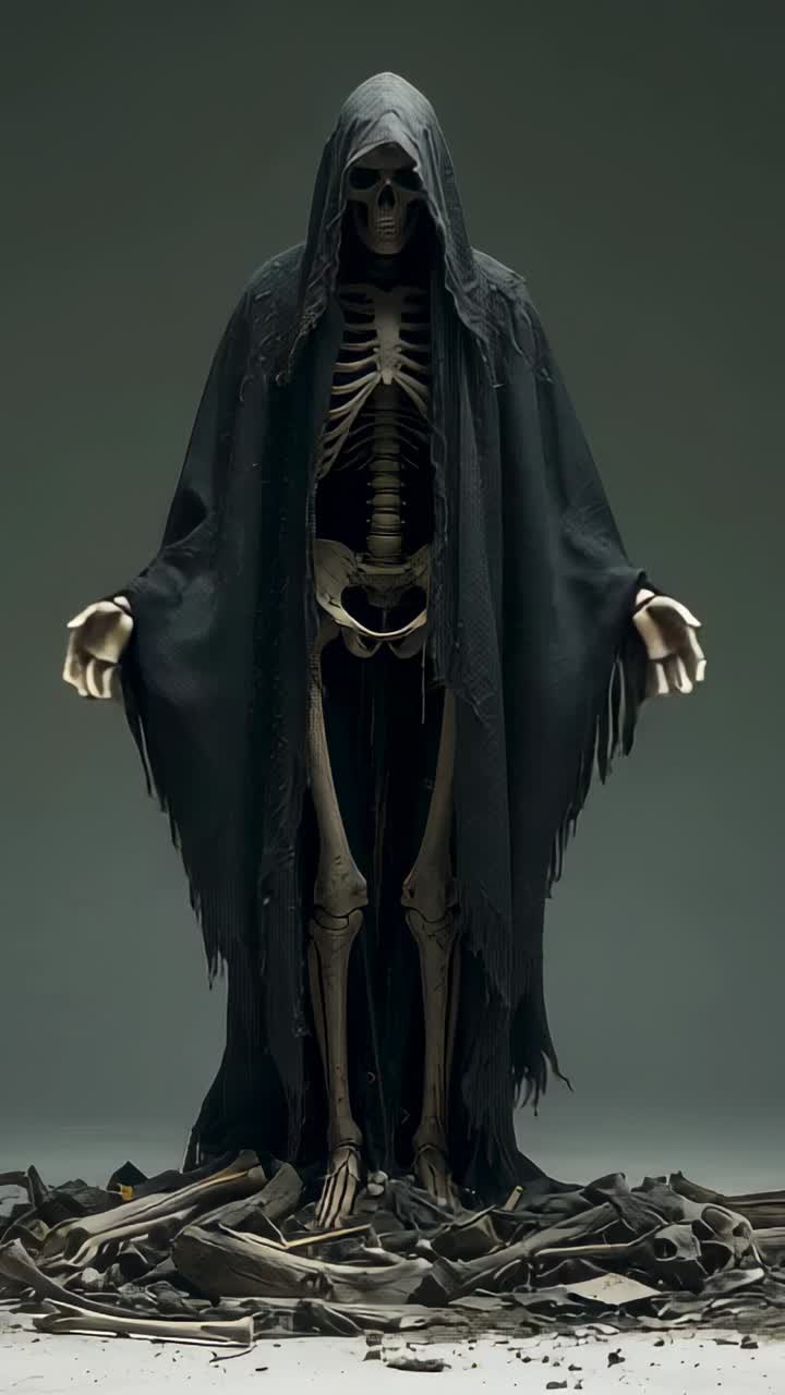 Vertical video: After third frame cloaked skeleton raising arms revealing ribs on bone-strewn floor