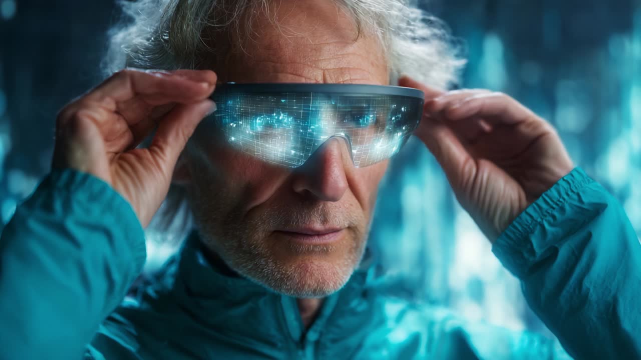 Průkopnický průzkum futuristické technologie, při kterém se starší člověk seznamuje s inovativními chytrými brýlemi, zdůrazňující kombinaci lidské zkušenosti a špičkové digitální interakce v moderní době