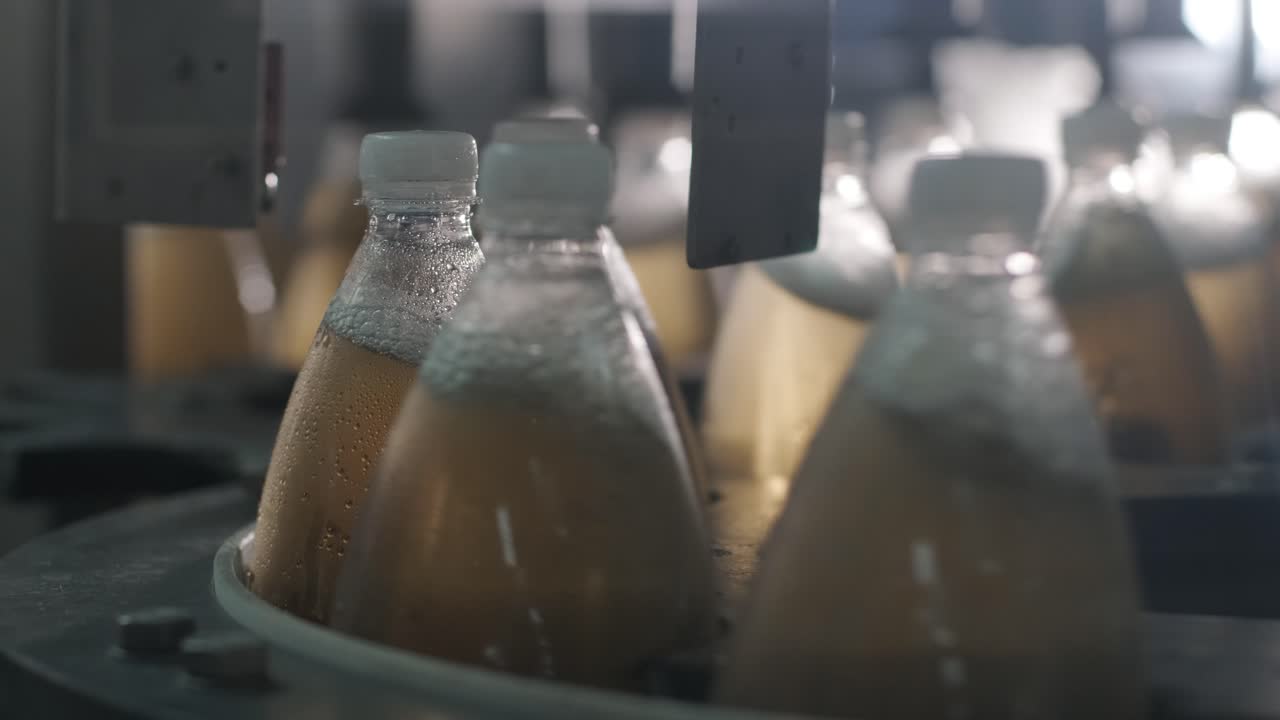 cinta transportadora con botellas para jugo o agua en una planta moderna de bebidas. producción moderna de agua dulce soda