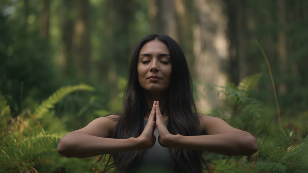 Camera focusing on woman in sleeveless top holding palms together in forest clearing, seeking calm