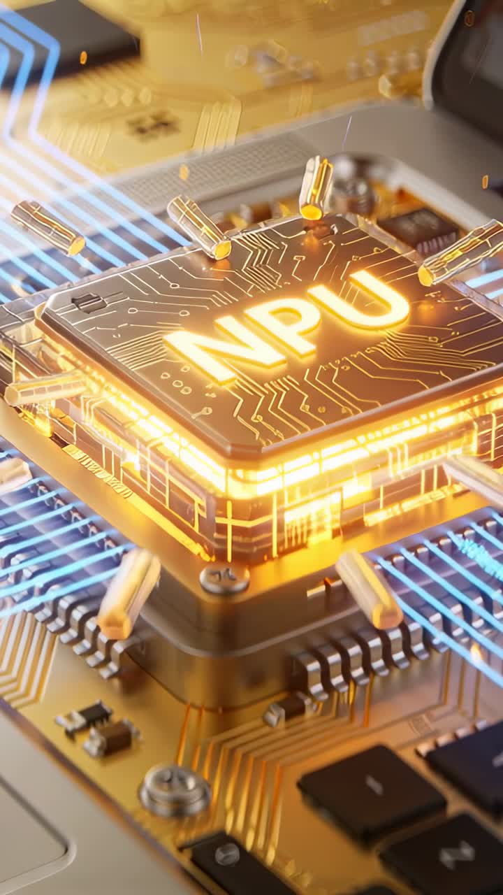 Vertical video: Receiving power, NPU chip pulsing on gold PCB, probes aligning, traces flowing