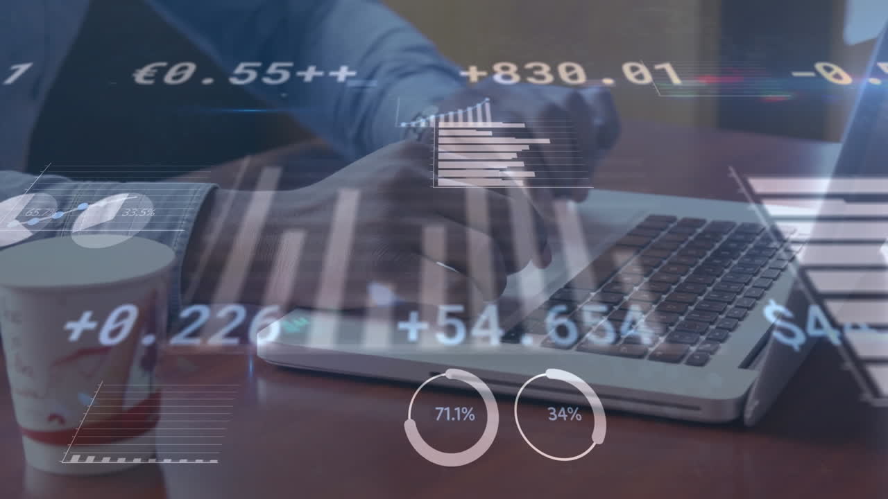 animación del procesamiento de estadísticas sobre un empresario que usa una computadora portátil