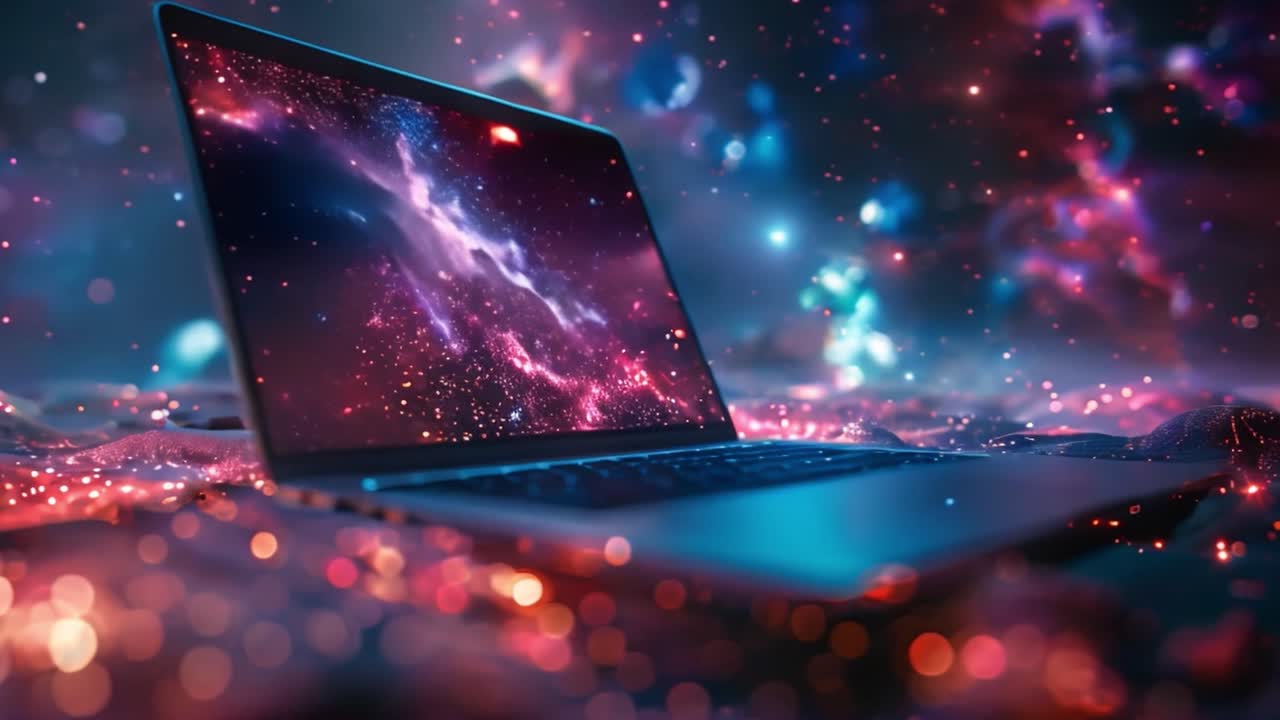 Laptop with Cosmic Galaxy Screen on a Starry Landscape