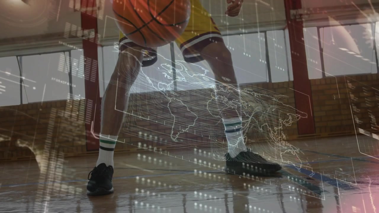Giocatore di basket uomo che si allena nel palleggio in palestra, attivando una sovrapposizione tecnologica con dati di una mappa mondiale